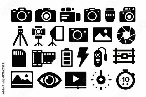 Photography equipment icons - cameras, tripods, lenses, and accessories