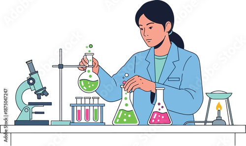 Focused female scientist conducting chemical experiments with glassware and a microscope in a laboratory setting for research or education