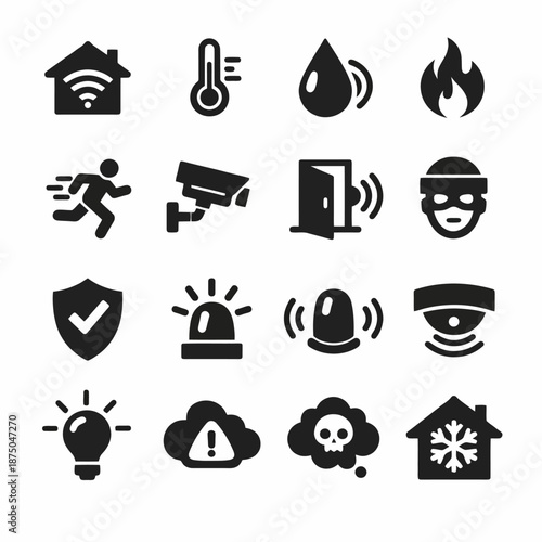 Home security and smart technology icons set with alarms and sensors