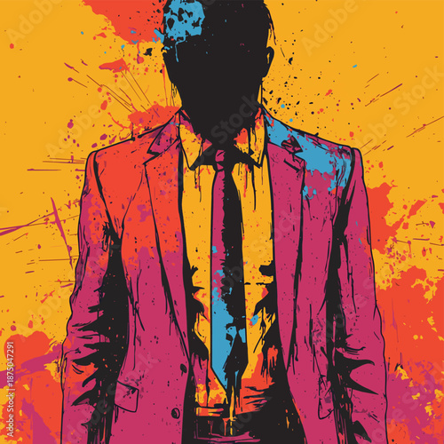 disheveled man in a ripped suit and loosened tie, symbolizing burnout, failure, or tough times. Generative ai raster colorful pop art illustration. , vector style simple color