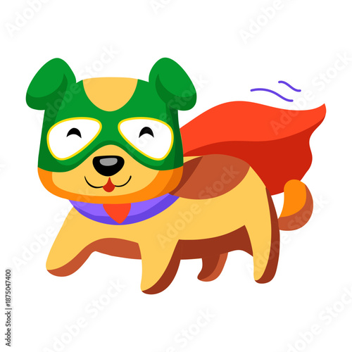 A flat style icon depicting a dog wearing superhero costume  
