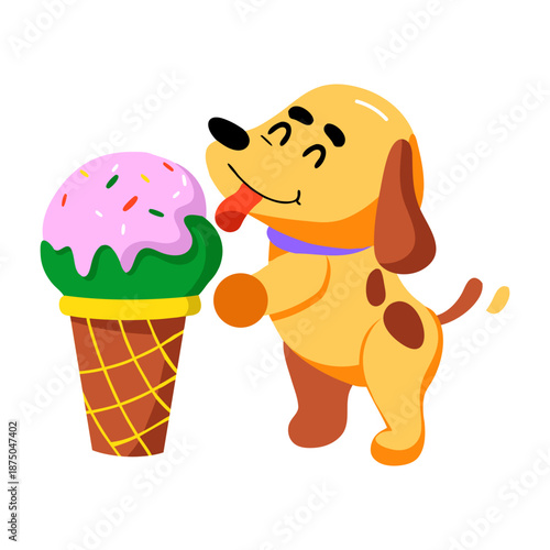 A flat style icon showing a dog eating cone  
