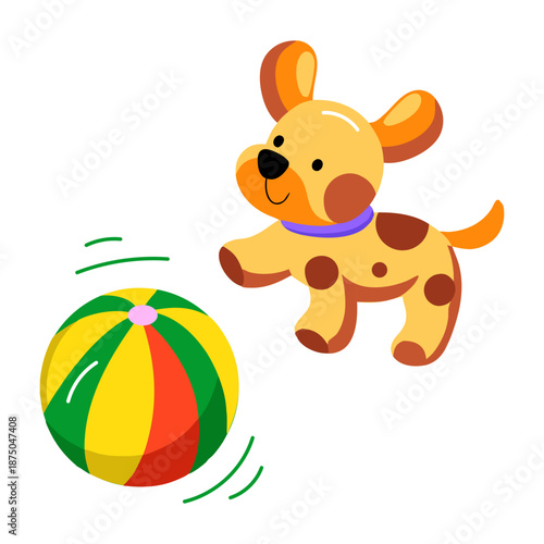 A flat style icon depicting a dog chasing ball  

