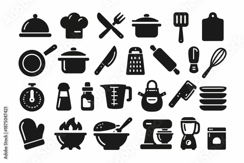 Collection of kitchen utensils and cooking tools silhouette icons