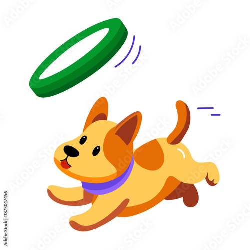 A flat style icon showing a dog catching frisbee  