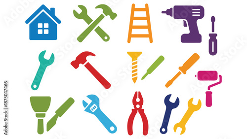A collection of colorful tools and equipment for home repair and construction
