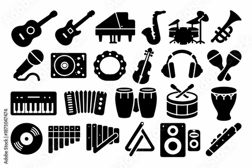 Collection of musical instruments silhouettes in black and white