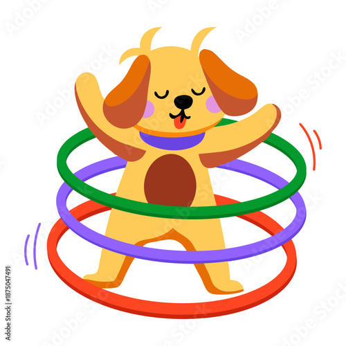 A flat style icon representing a dog playing with hula hoops  
