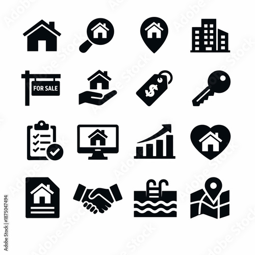 Real estate icon set: home, investment, property management, location, growth