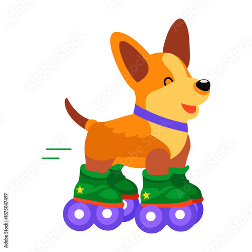 A flat style icon representing a dog doing roller skating  
