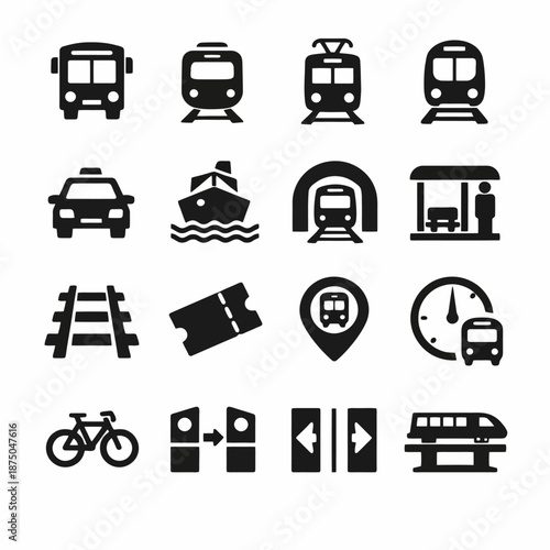 Public transport icons set: bus, train, tram, boat, subway, bicycle, ticket, station