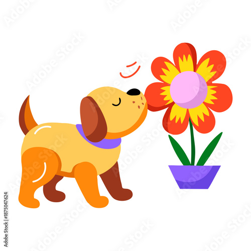 A flat style icon depicting a dog sniffing flower 
