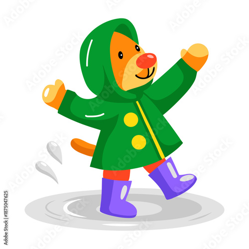 A flat style icon representing a dog wearing raincoat 
