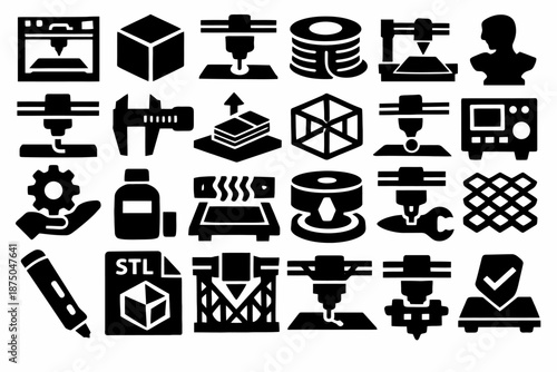 Icon set of 3d printing and modeling tools and symbols