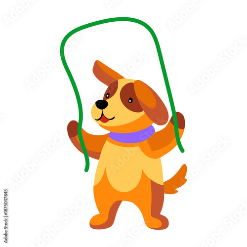 A flat style icon showing a dog jumping rope  
