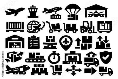 Logistics and shipping icons: transport, cargo, and warehouse symbols
