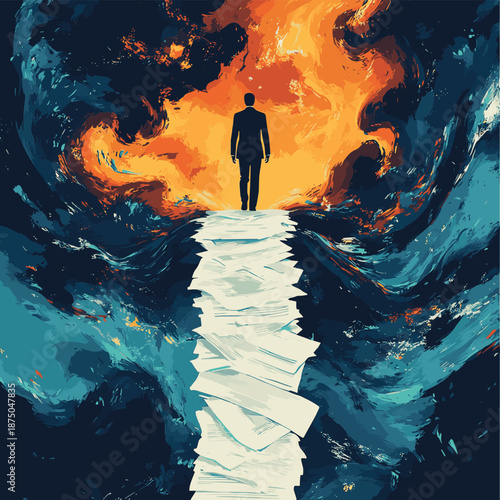 businessman confidently walking across a bridge of papers above swirling dark chaos, symbolizing risk and resilience