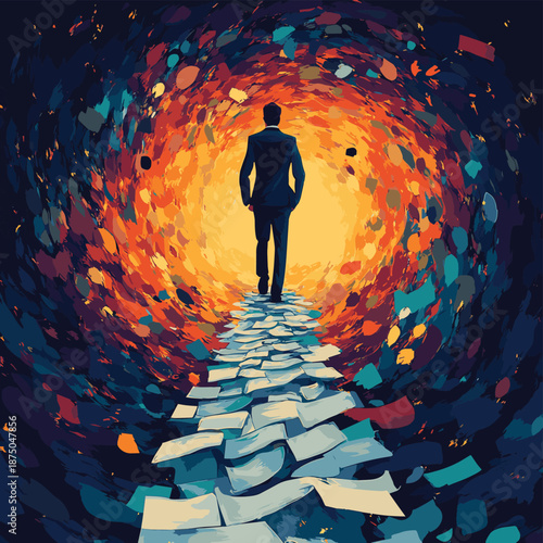 businessman confidently walking across a bridge of papers above swirling dark chaos, symbolizing risk and resilience