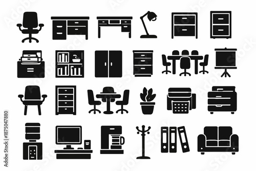 Office furniture icons set featuring desks, chairs, and accessories