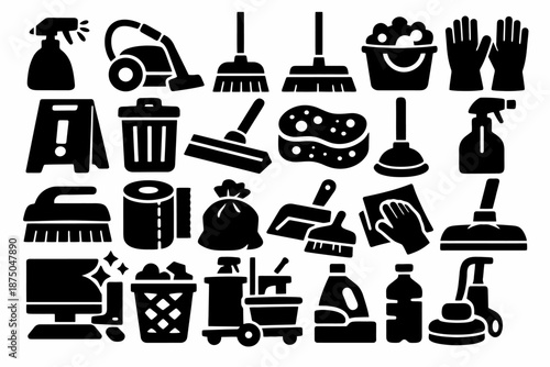 Collection of cleaning tools and icons representing household chores and supplies