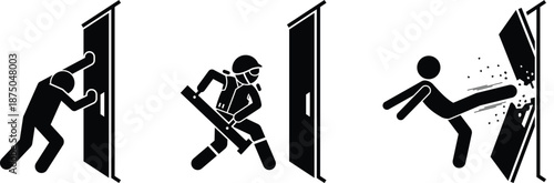 Door icons set. Open, close and ajar door. Doors collection. Opened entrance door set flat style - stock vector.