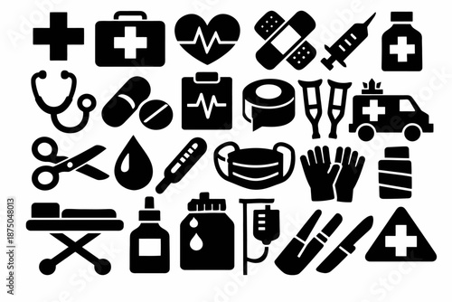 Comprehensive medical icon set featuring essential healthcare symbols