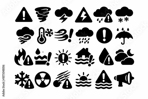 Weather warning icons collection featuring storms, floods, radiation, and more