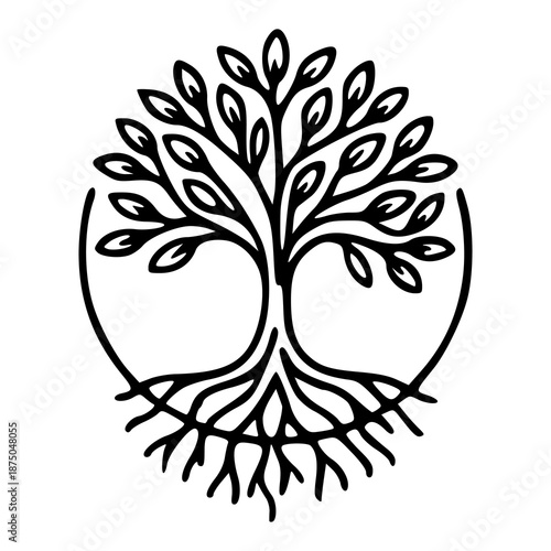 tree of life vector illustration with roots and leaves line art