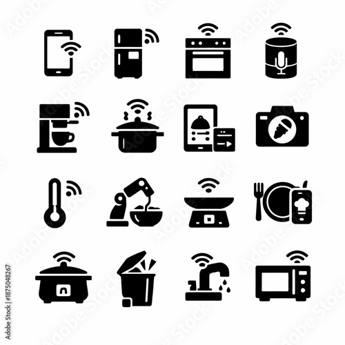 Smart home appliances and devices with wireless connectivity icons