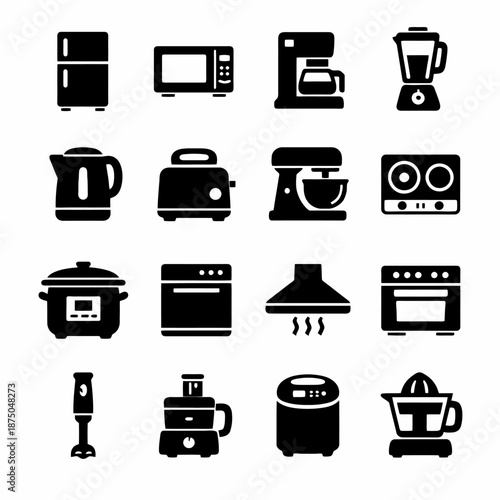 Set of 16 black kitchen appliance icons including blender and toaster