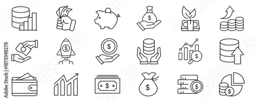 Financial profit set of web icons in line style. Money income linear icon collection. Containing money savings, finance, growth, investment, payment, earnings, management and more. Editable stroke