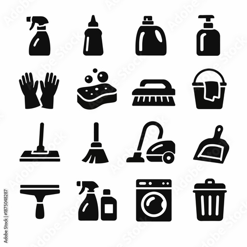 Black silhouette icons of cleaning supplies and tools for housekeeping