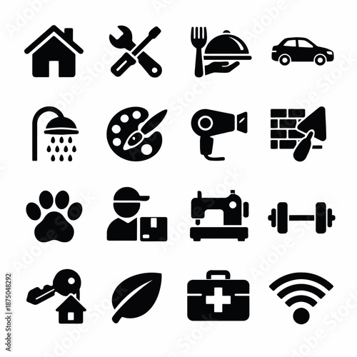 Icon set featuring home, tools, dining, vehicle, shower, art, hairdryer, brick, paw, delivery, sewing, fitness, keys, leaf, medical, wi-fi
