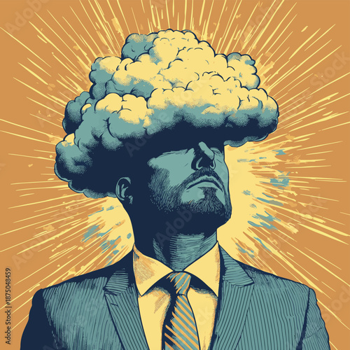 businessman with a storm cloud and lightning bolt as a head, symbolizing stress, anger, or burnout. Generative ai vector colorful pop art illustration. , vector style simple color