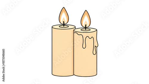 Beige Candles with Flames on White Background, Melting Wax, Simple Illustration
