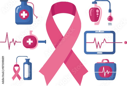 Pink ribbon awareness symbol surrounded by various medical monitoring devices representing cancer treatment and ongoing patient care awareness