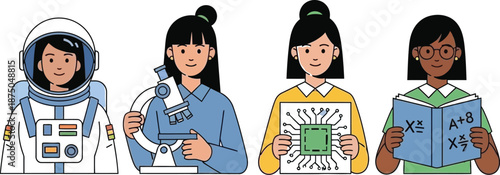 Inspiring illustration showcasing four diverse young women excelling in science technology engineering and mathematics careers representing future possibilities