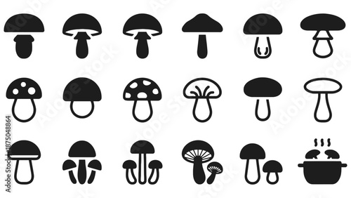A collection of various black mushroom icons on a white background