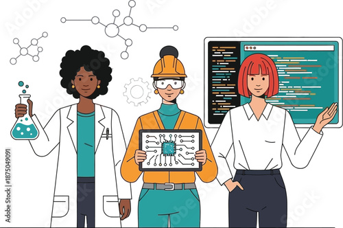 Three diverse women representing science engineering and technology stand together showcasing skills in chemistry mechanics and software development concepts