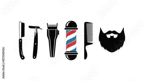 A collection of barber tools and a beard icon on a white background