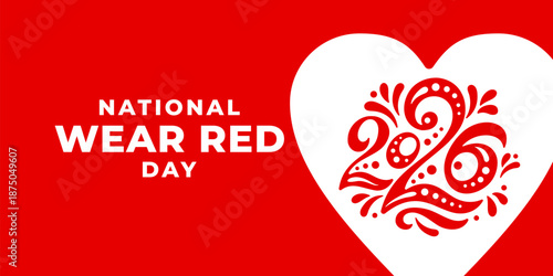 National wear red day 2026 vector banner. American Heart Association bring attention to heart disease. National wear red day in February concept