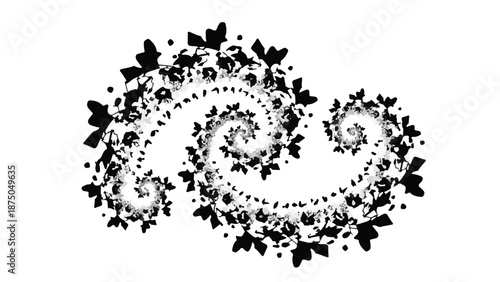 Intricate black fractal pattern with butterfly silhouettes spiraling outwards on white background.