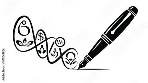 Elegant fountain pen draws a flowing line of symbolic icons and letters on white background