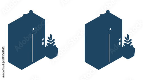 A graphic illustration of two identical blue house icons with plants