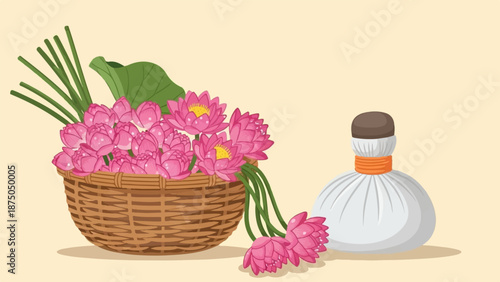 A vector illustration of a woven basket with pink lotus flowers next to an herbal compress ball