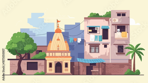 A vector illustration of an Indian street scene with a temple next to an apartment building