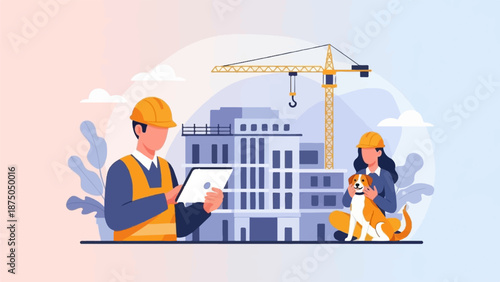 A vector illustration of construction workers on a site with a building, crane, and a friendly dog