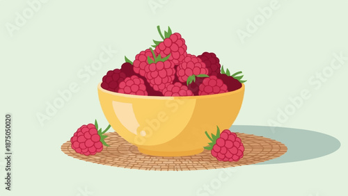 A vector illustration of a yellow bowl overflowing with fresh raspberries on a woven placemat