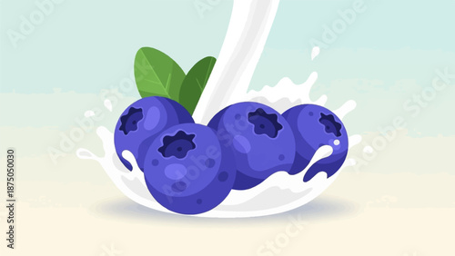 A vector illustration of fresh blueberries with green leaves splashing into a pool of white liquid