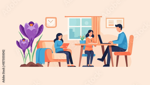 A vector illustration of three people working remotely in a cozy living room with a large flower